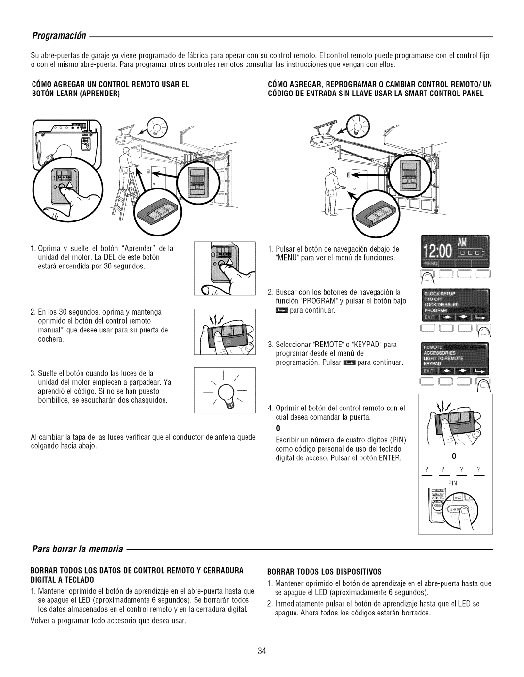 Craftsman 139.3043 owner manual Para borrar la memoria, ProgramaciCn, Borrartodoslos Dispositivos 