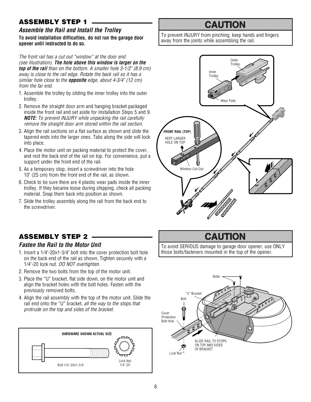 Craftsman 139.3043 Assemble the Rail and Install the Trolley, Fasten the Rail to the Motor Unit, Inner Trolley, Rail TOP 