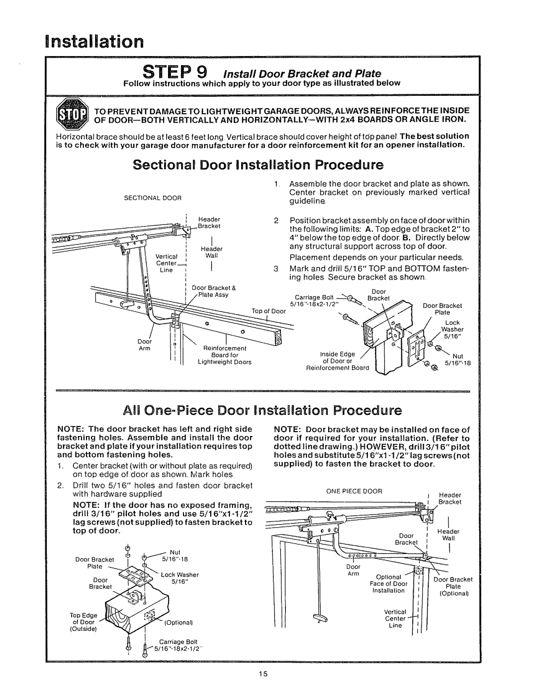 Craftsman 139.53610, 139.53403 owner manual STE P 9 Install Door Bracket and Plate, Reinforcement, Nut 