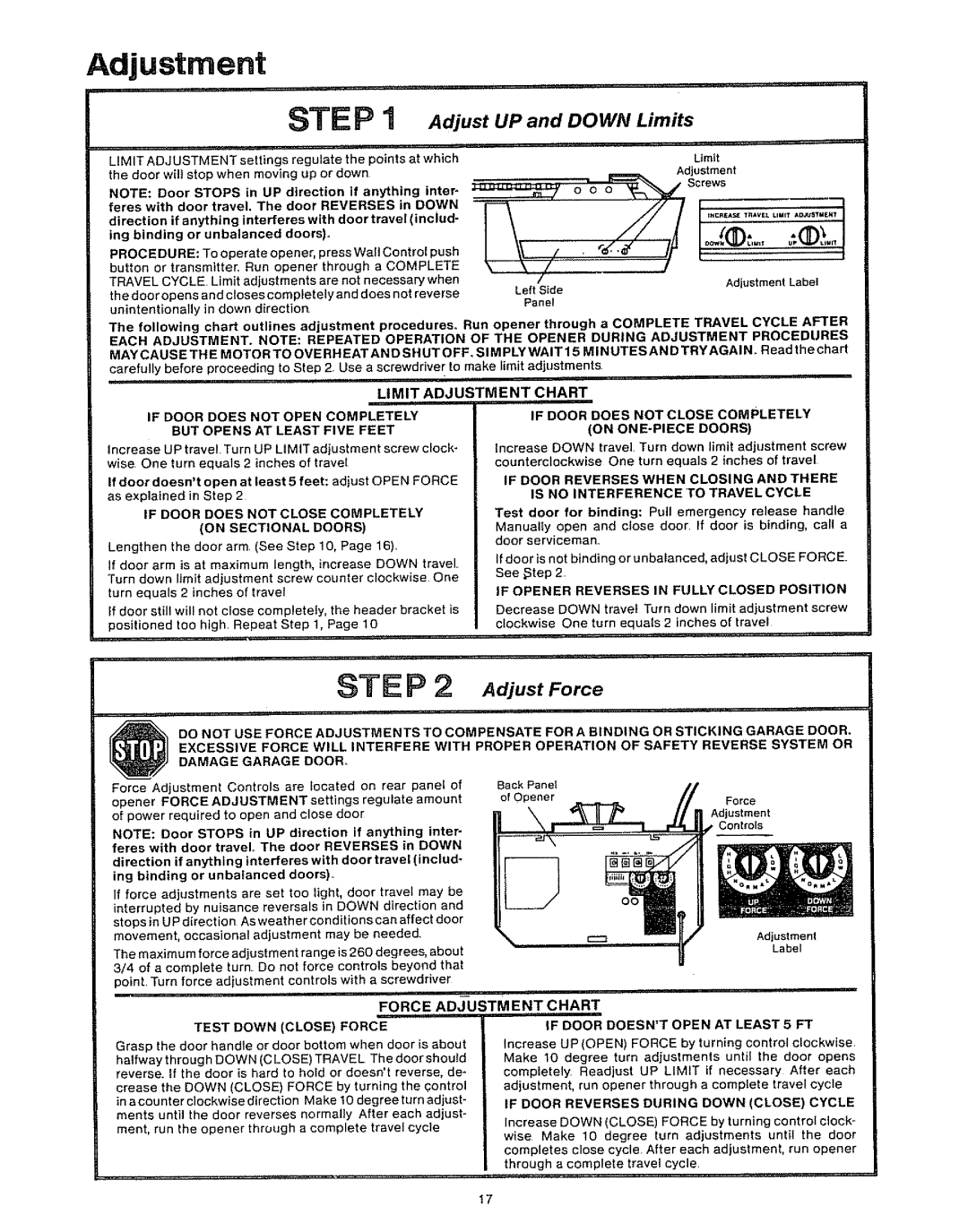 Craftsman 139.53610, 139.53403 owner manual Adjust Force, Limit Adjustment Chart, Force Adjustment Chart 