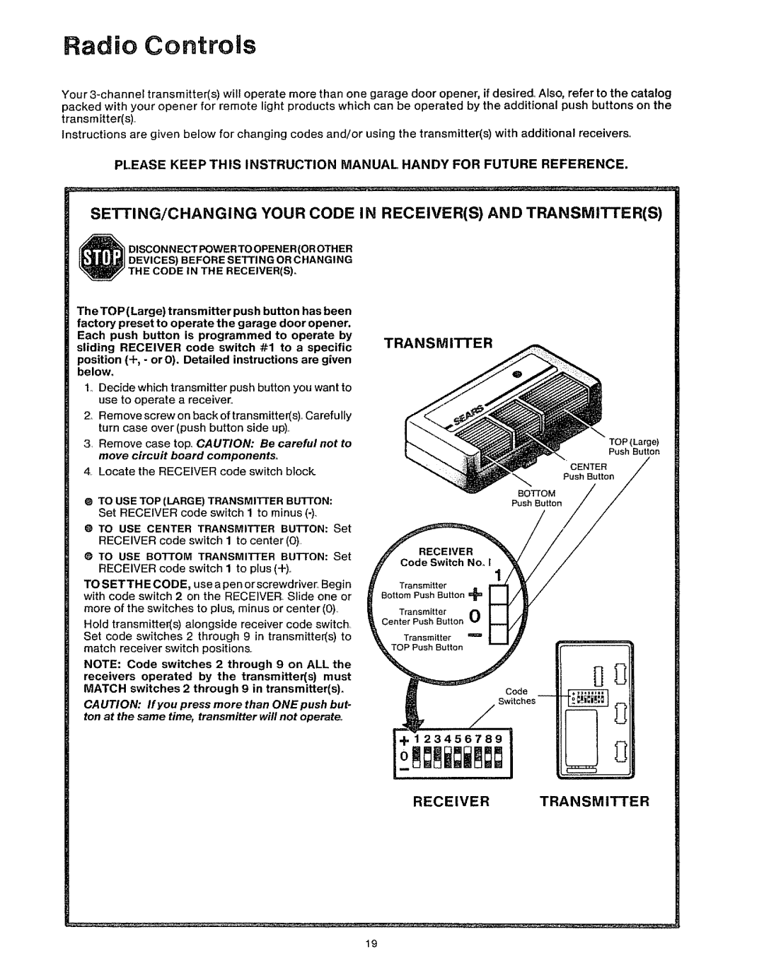 Craftsman 139.53610, 139.53403 owner manual Radio Controls, Transmitter, Receivertransmitter 