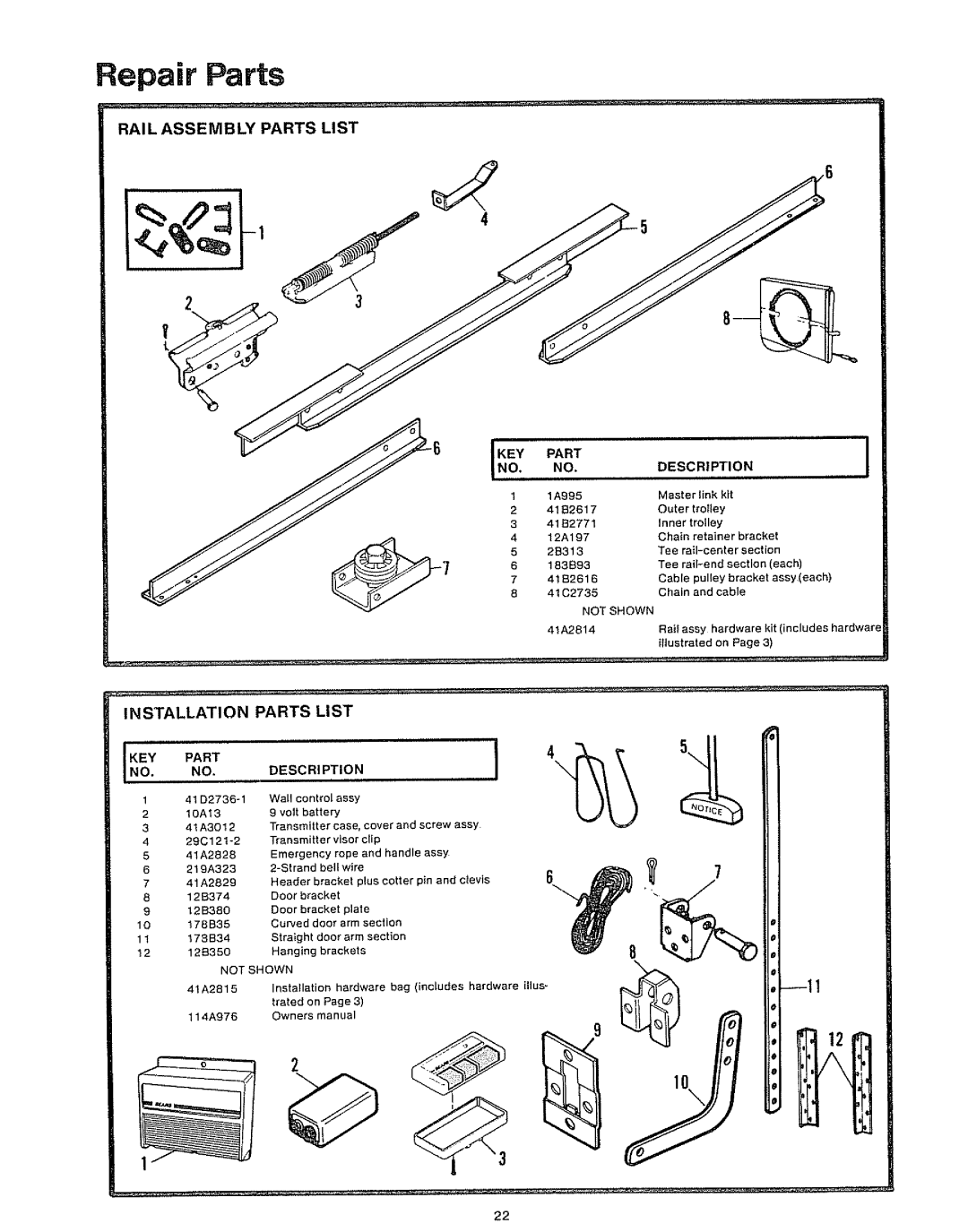 Craftsman 139.53403, 139.53610 Repair Parts, RAI L Assembly Parts List, KEY Part, Description, 41 B2771 Inner trolley 