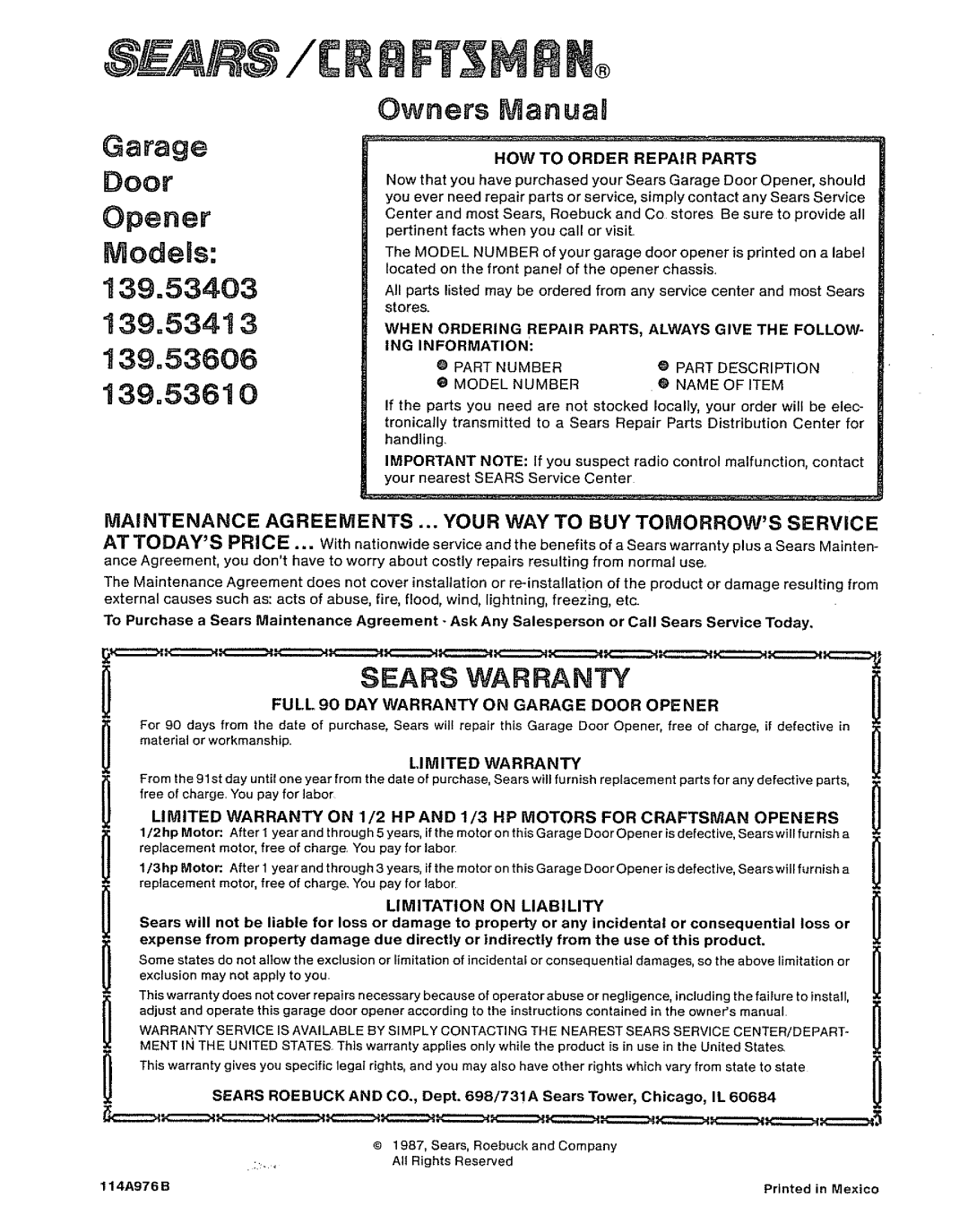 Craftsman 139.53403 HOW to Order Repair Parts, Full DAY Warranty On Garage Door Opener, Limitation on Liability, 114A976B 