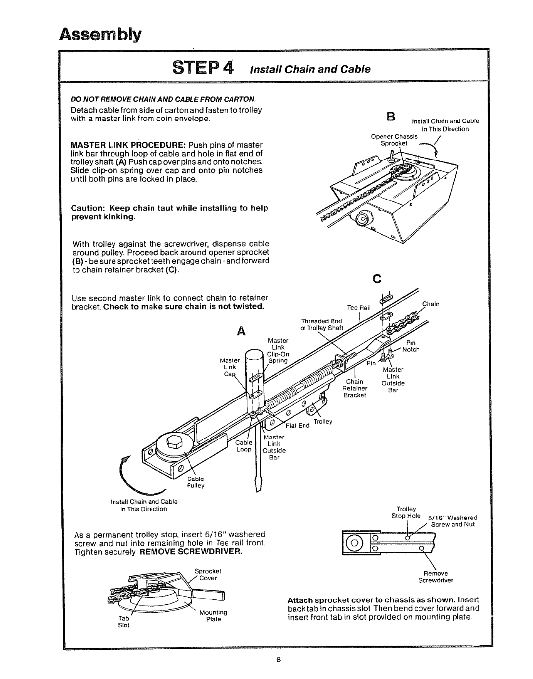 Craftsman 139.53403, 139.53610 owner manual Link, Pulley Install Chain and Cable, TabPlate 