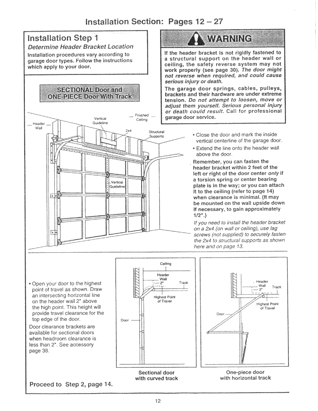 Craftsman 139.53425SRT, 139.53325SRT Installation Section Pages 12 Installation Step, Determine Header Bracket Location 