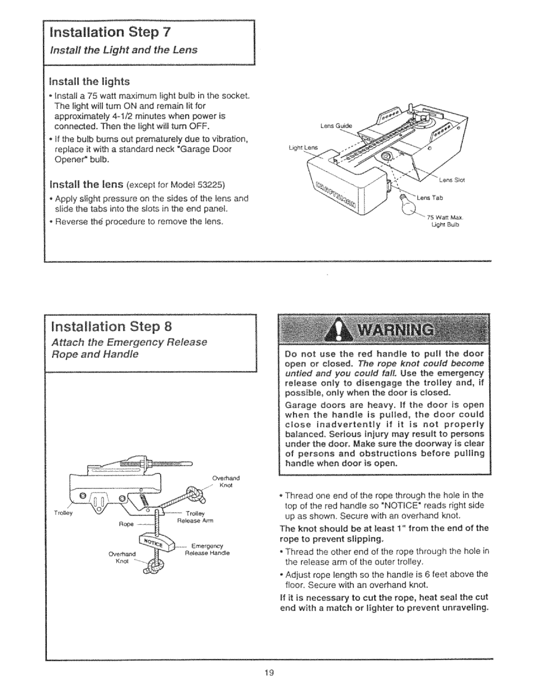 Craftsman 139.53325SRT LnstalJation Step, Instafl the Light and the Lens Instal the lights, Attach the Emergency Release 