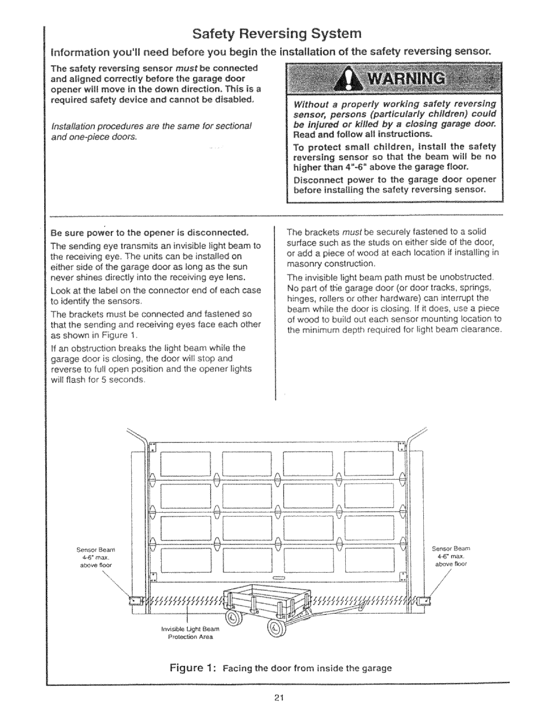 Craftsman 139.53325SRT, 139.53425SRT manual Safety Reversing System, Facing the door from inside the garage 