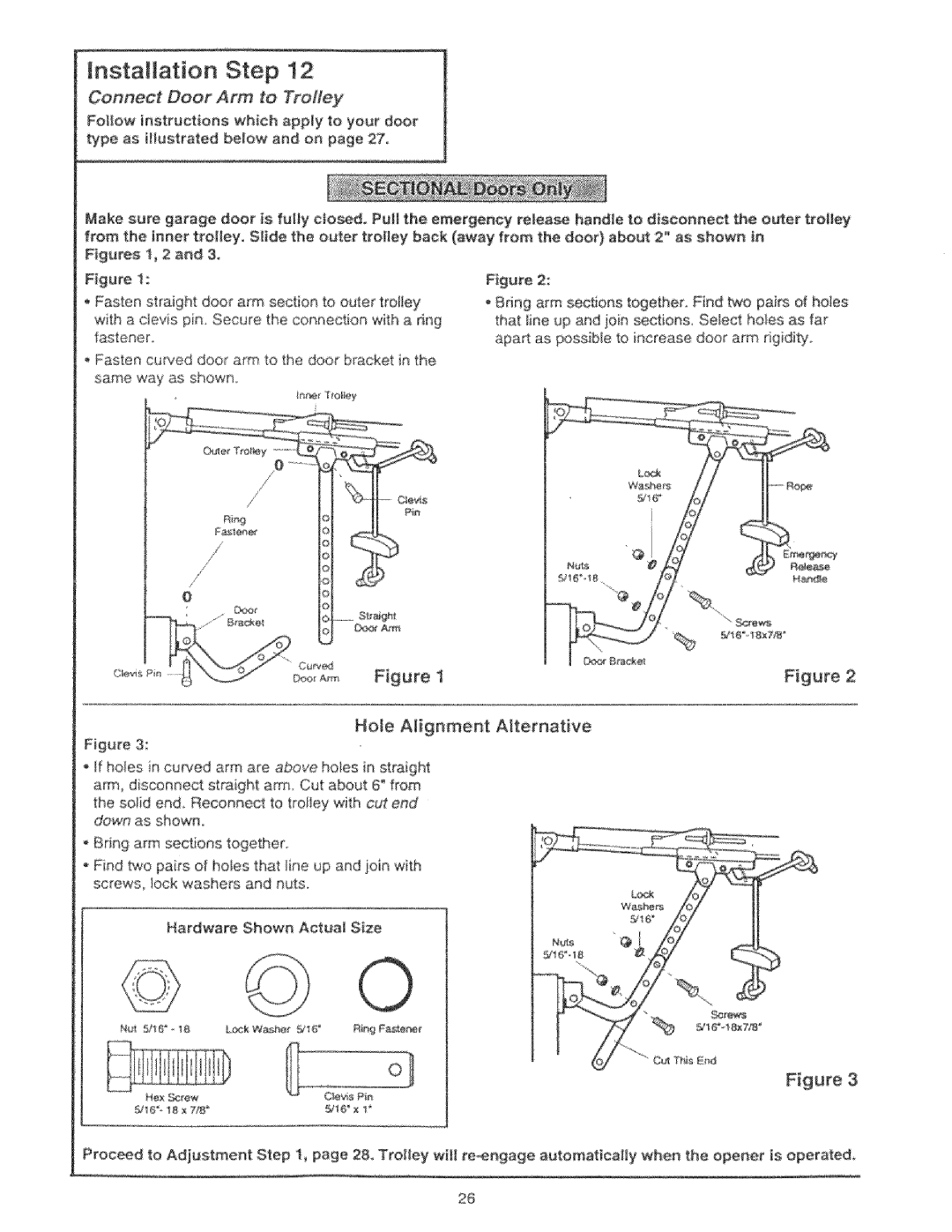 Craftsman 139.53425SRT, 139.53325SRT manual Installation Step !2, Connect Door Arm to TrMley, Hole Affgnment Alternative 