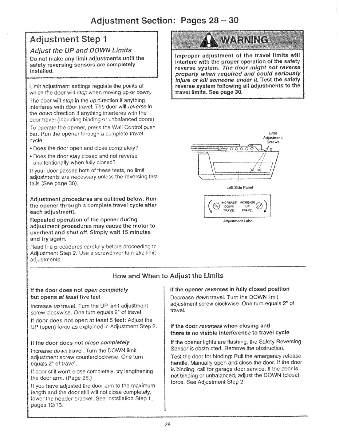 Craftsman 139.53425SRT manual Adjustment Section Pages 28, Adjust the UP and Down Limits, How and When to Adjust the Limits 