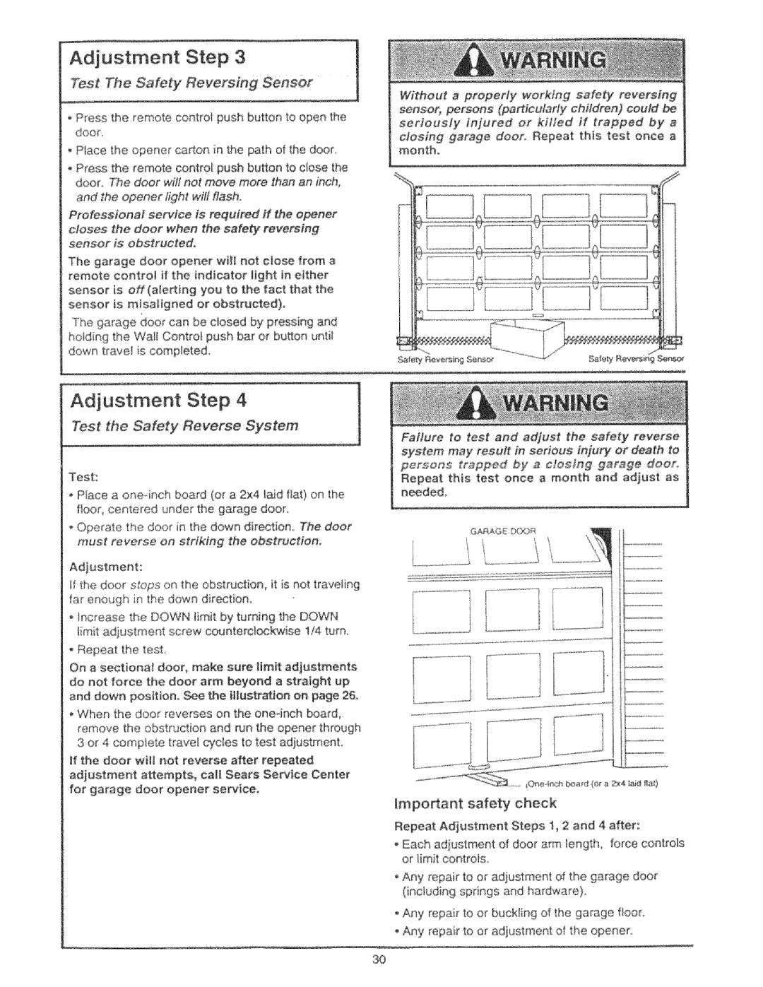 Craftsman 139.53425SRT, 139.53325SRT manual Important safety check, Test the Safety Reverse System 