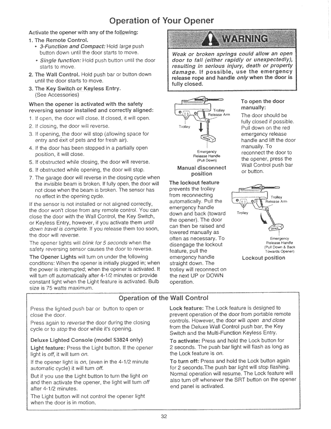 Craftsman 139.53425SRT, 139.53325SRT manual Operation of Your Opener, Operation of the Wall Contro 