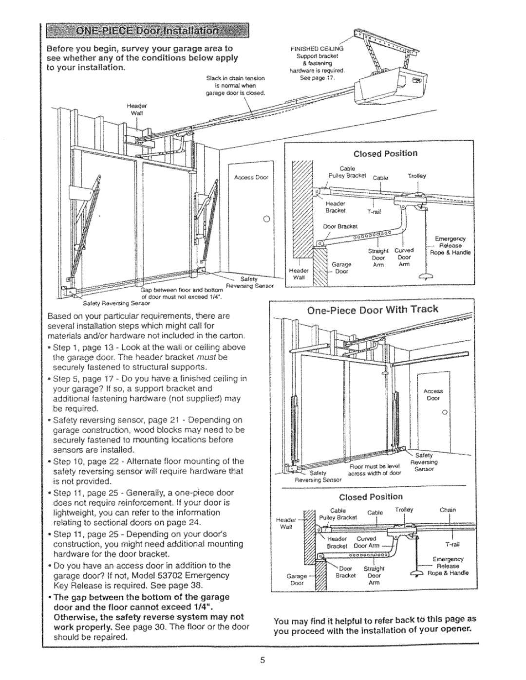 Craftsman 139.53325SRT, 139.53425SRT manual One-Piece Door With Track 