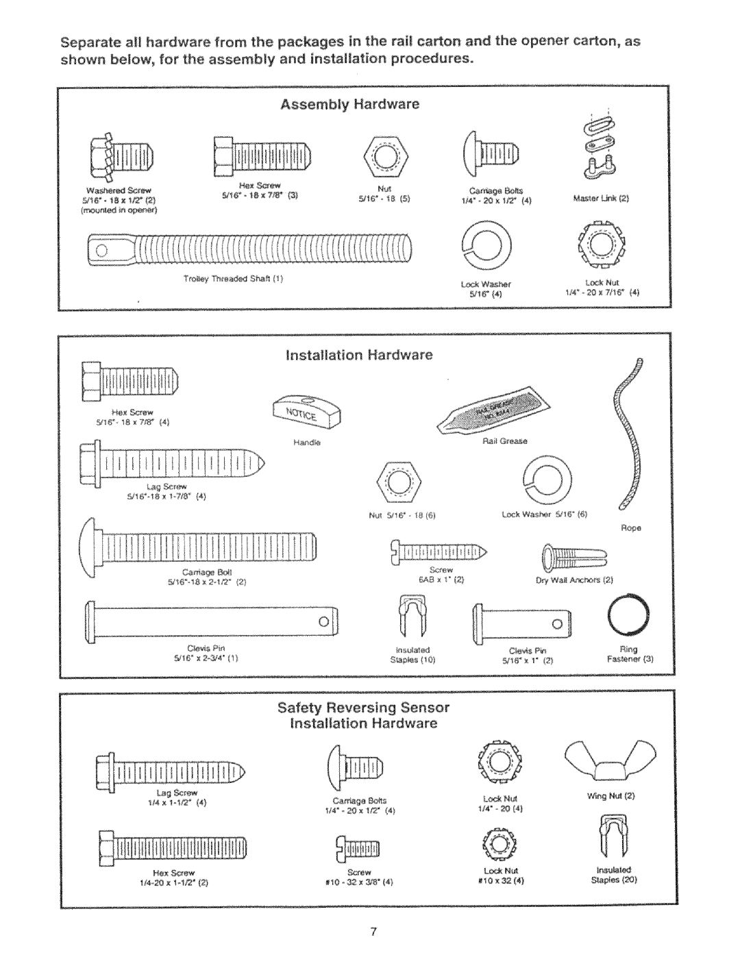 Craftsman 139.53325SRT, 139.53425SRT manual Safety Reversing Sensor Installation Hardware 