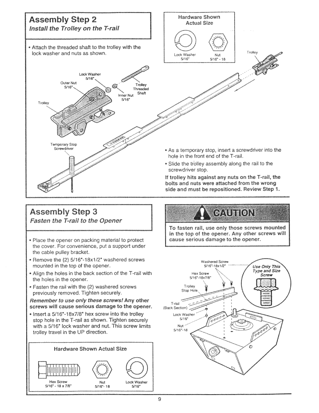 Craftsman 139.53325SRT, 139.53425SRT manual Assembly Step, Install the Trolley on the Tra#, Fasten the T-rail to the Opener 