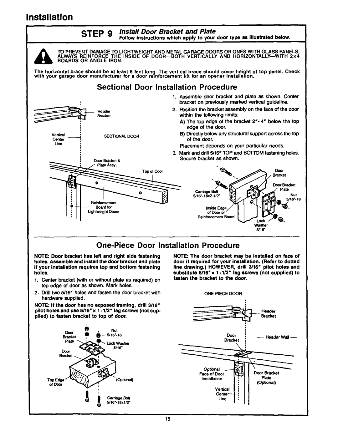 Craftsman 139.53626SR - I/2HP, 139.53515SR - I/2HP owner manual Onepiecedoor, Line, Door--HeaderWall Bracket 