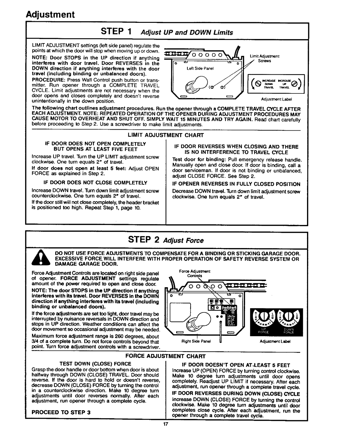 Craftsman 139.53626SR - I/2HP owner manual Adjust UP and Down Limits, Limit Adjustment Chart, Force Adjustment Chart 