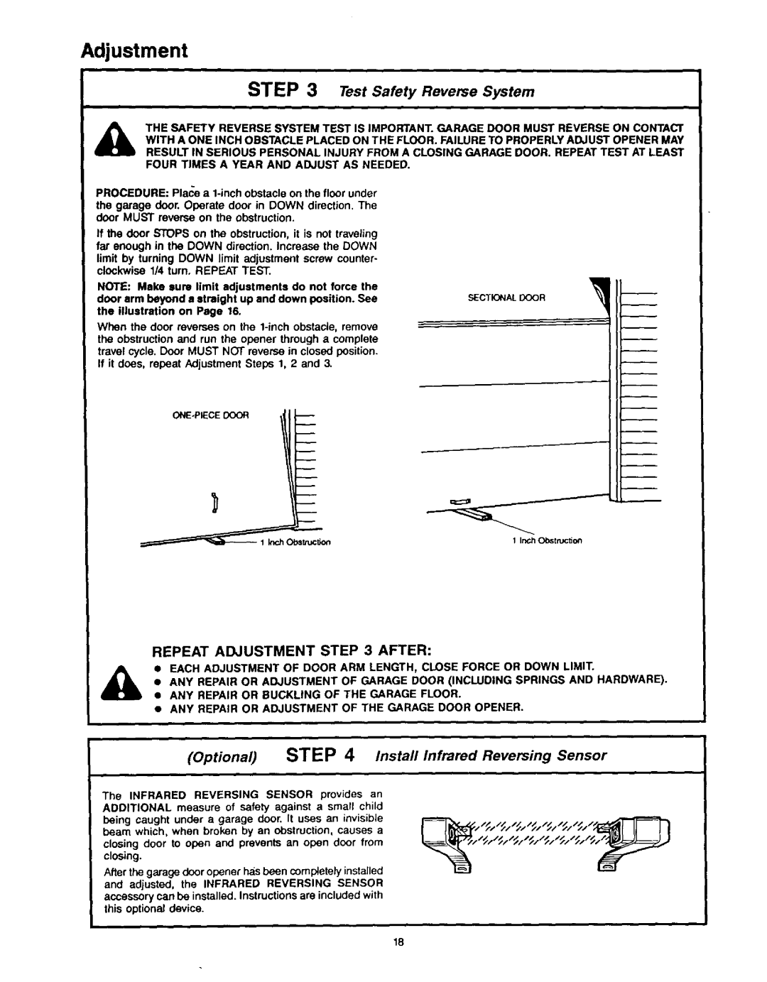 Craftsman 139.53515SR - I/2HP, 139.53626SR - I/2HP owner manual Test Safety Reverse System, Repeat Adjustment After 