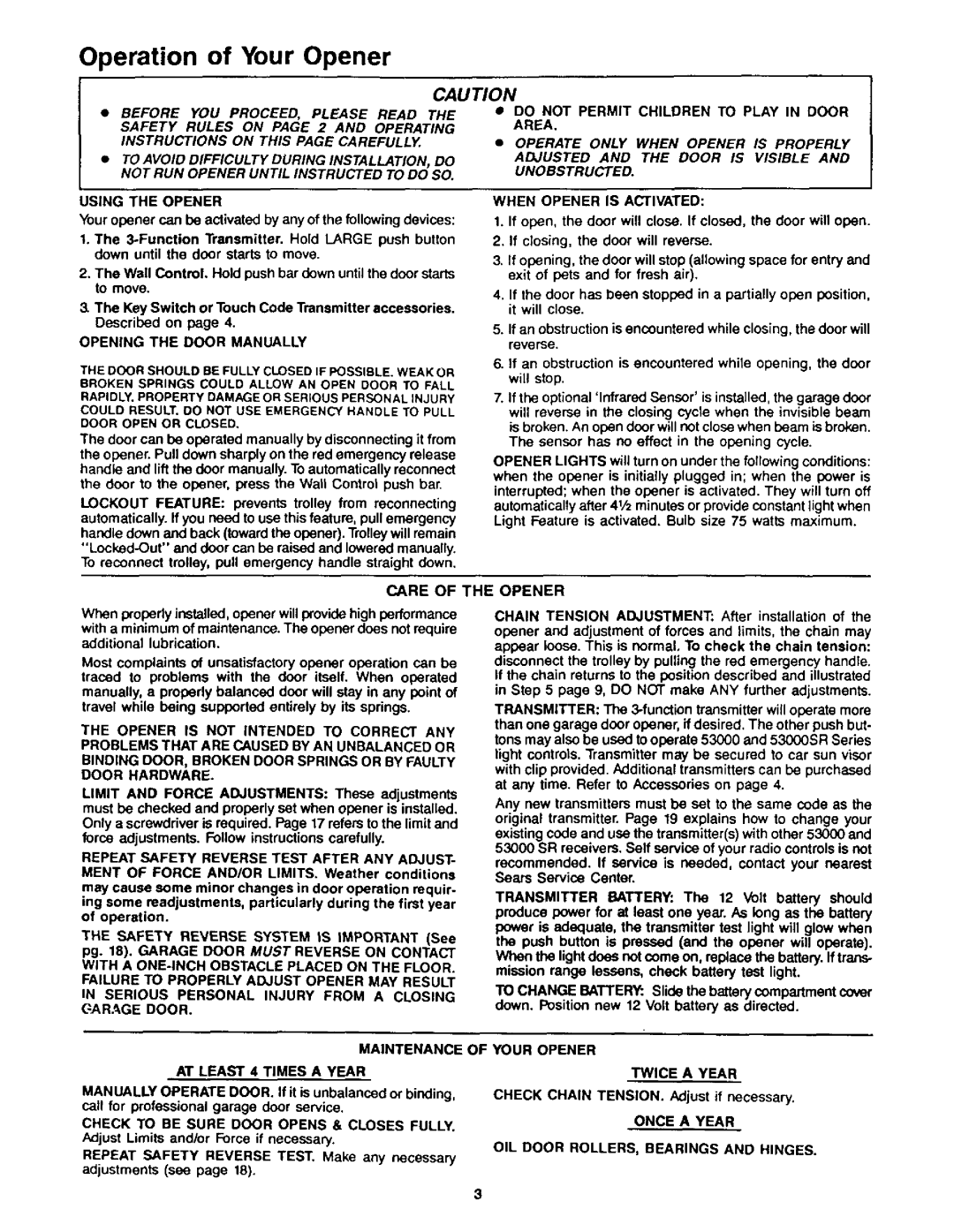 Craftsman 139.53626SR - I/2HP, 139.53515SR - I/2HP owner manual Care of the Opener 