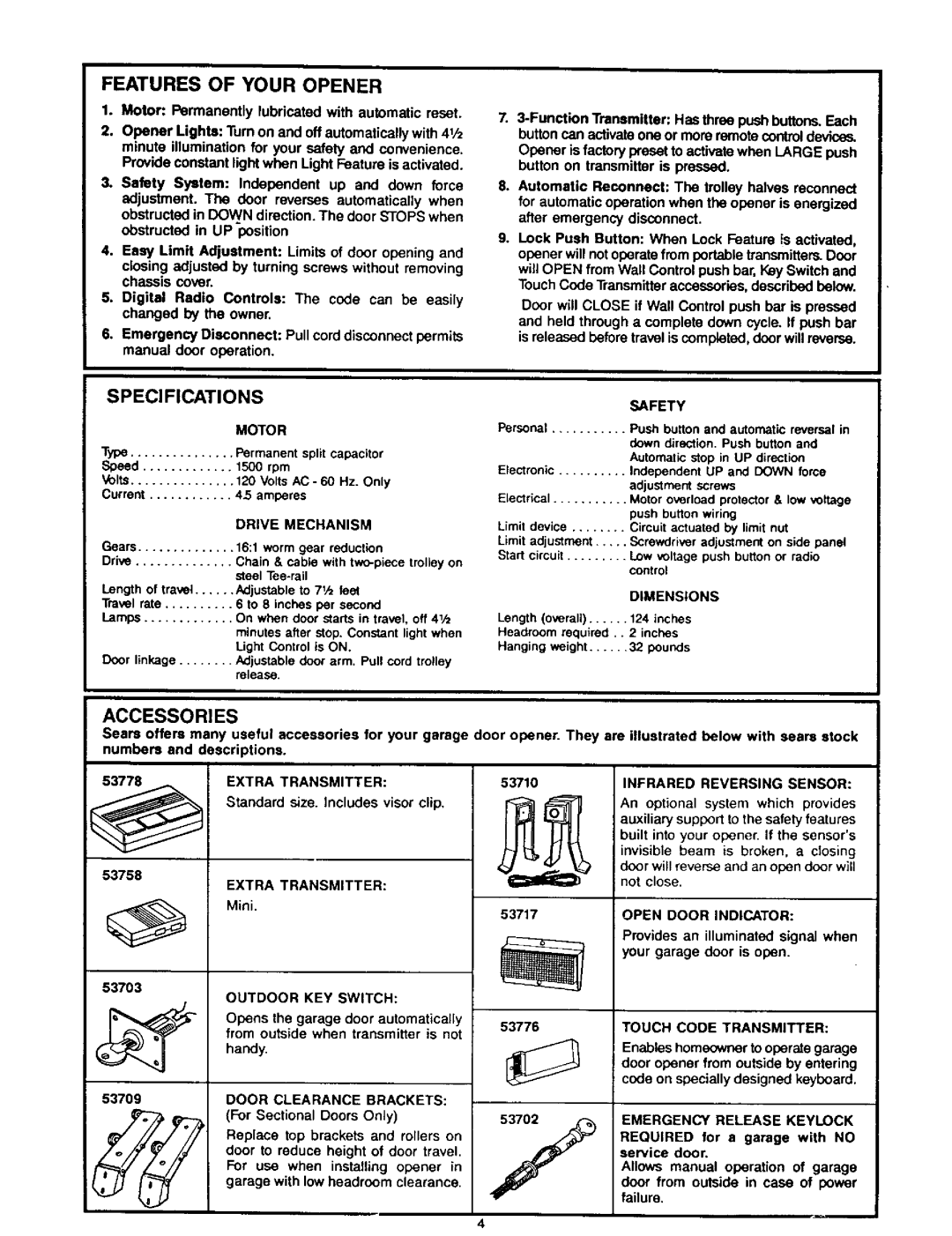 Craftsman 139.53515SR - I/2HP, 139.53626SR - I/2HP owner manual Features of Your Opener, Specifications, Accessories 