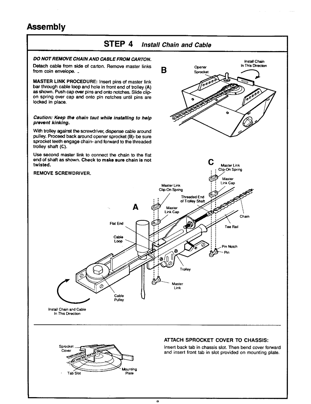 Craftsman 139.53515SR - I/2HP owner manual Install Chain and Cable, Remove Screwdriver, Attach Sprocket Cover to Chassis 