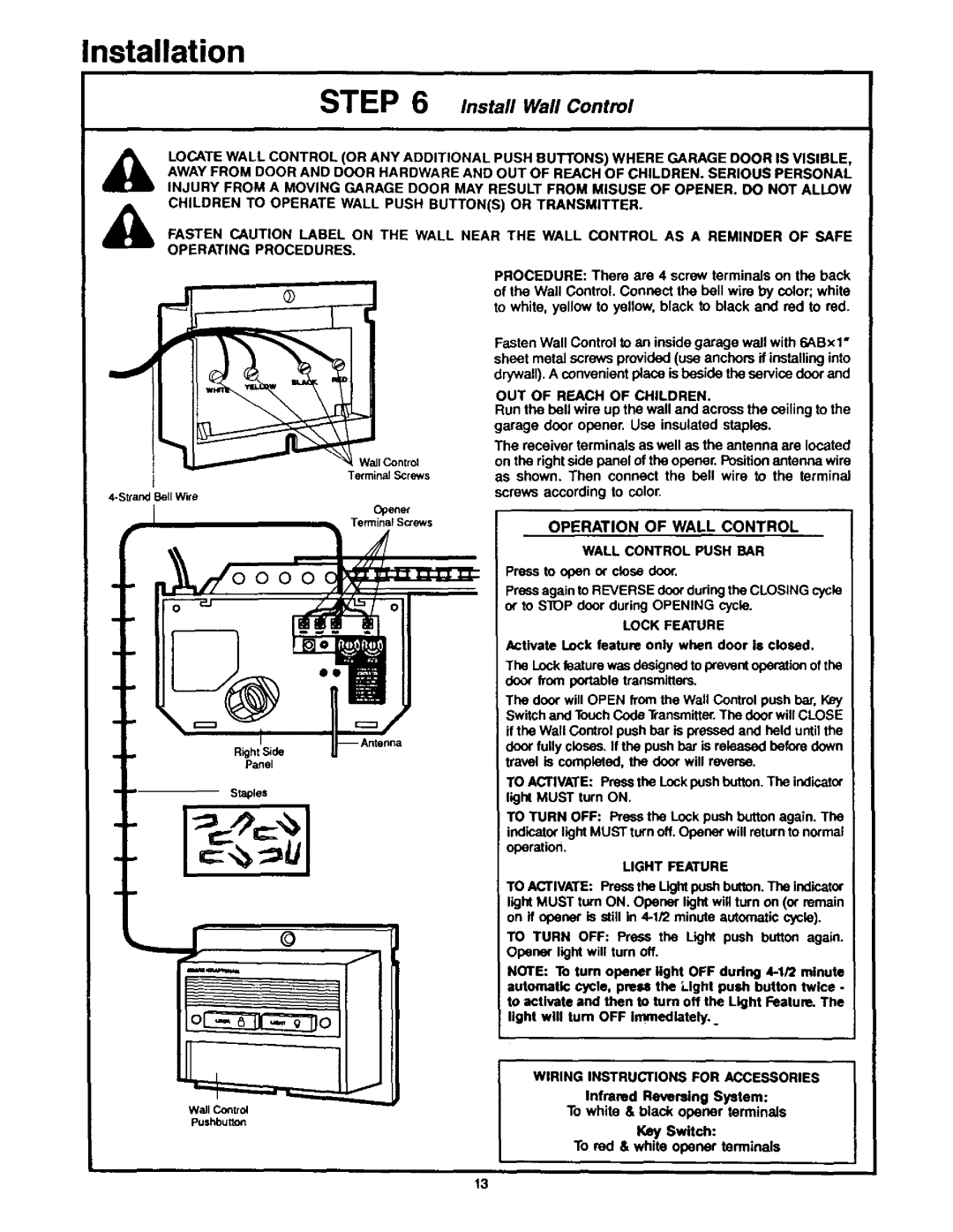 Craftsman 139.53626SR - I/2HP owner manual Installation, Operation Of Wall Control Wall Controlpush Bar, In,t . WallControl 