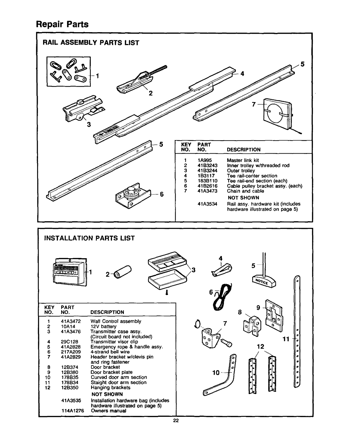 Craftsman 139.53515SR - I/2HP owner manual Repair Parts, Rail Assembly Parts List, Installation Parts List, Description 