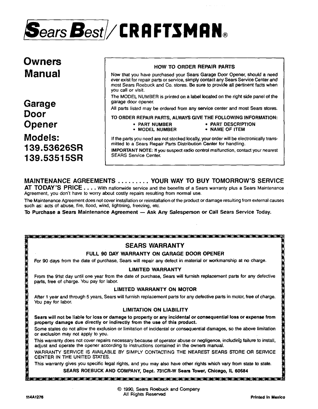 Craftsman 139.53515SR - I/2HP Owners Manual, Door, Models, 139.53626SR, Sears Warranty, How To Order Repair Parts, Garage 