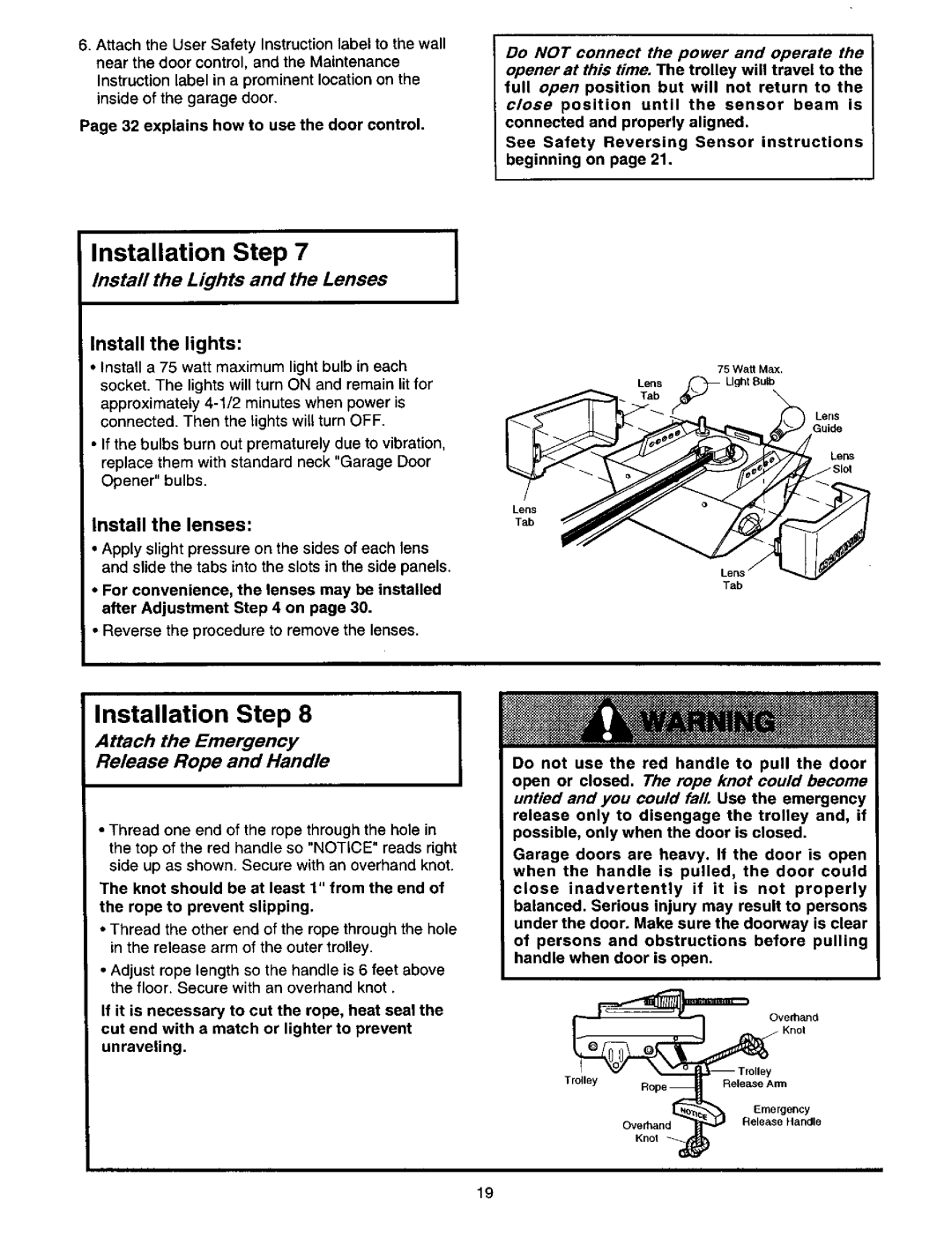 Craftsman 139.53664SRT2 Install the Lights Lenses, Install the lenses, Attach the Emergency Release Rope and Handle 