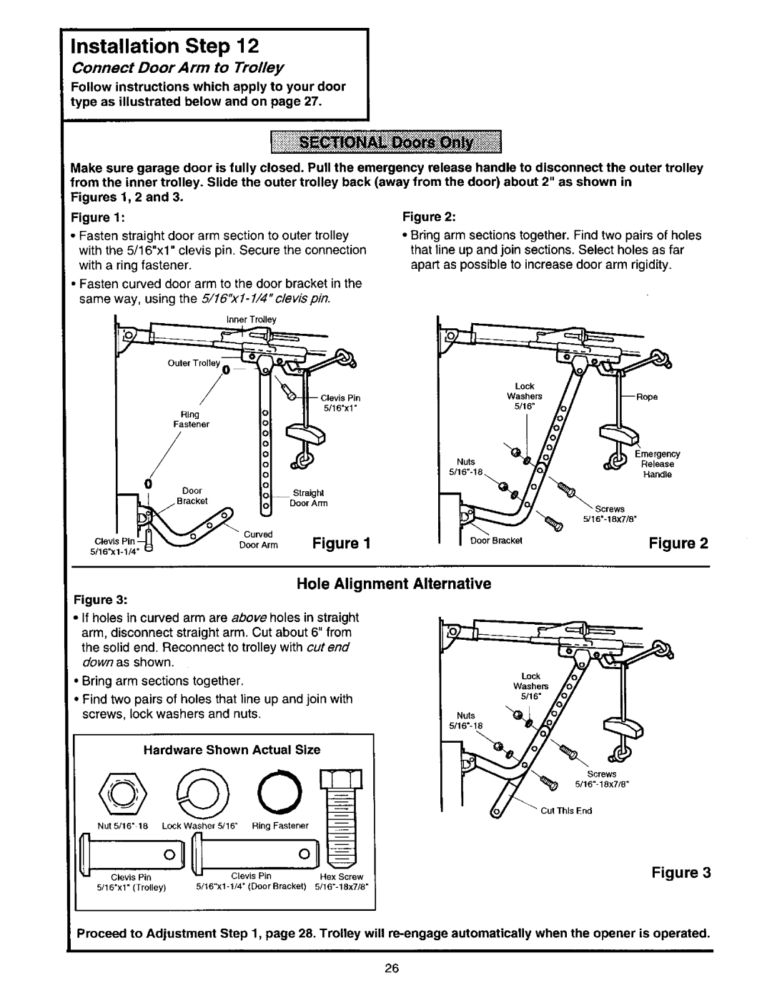 Craftsman 139.53664SRT2 owner manual Connect Door Arm to Trolley, Hole Alignment Alternative 