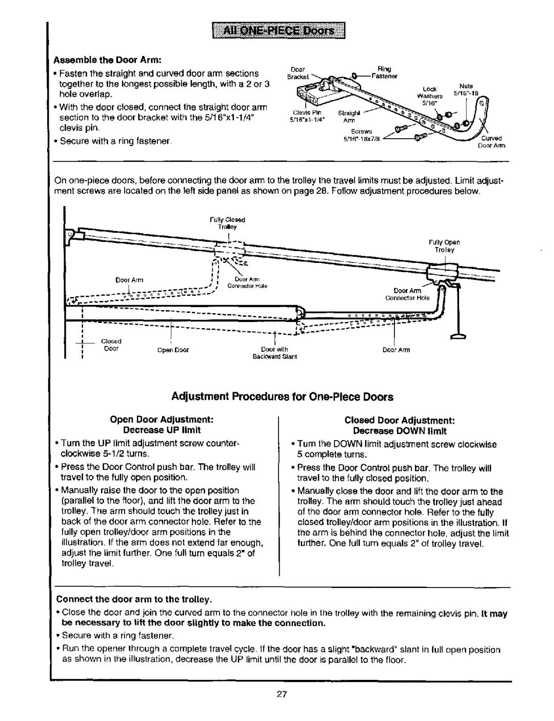 Craftsman 139.53664SRT2 Adjustment Procedures for One-Piece Doors, Fasten the straight and curved door arm sections 