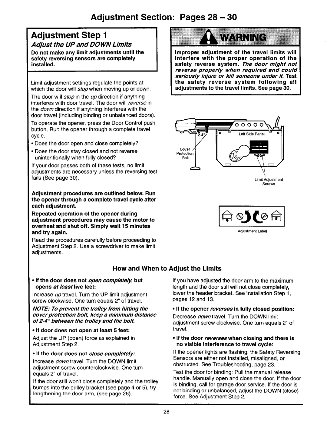 Craftsman 139.53664SRT2 Adjustment Section Pages 28, Adjust the UP and Down Limits, How and When to Adjust the Limits 