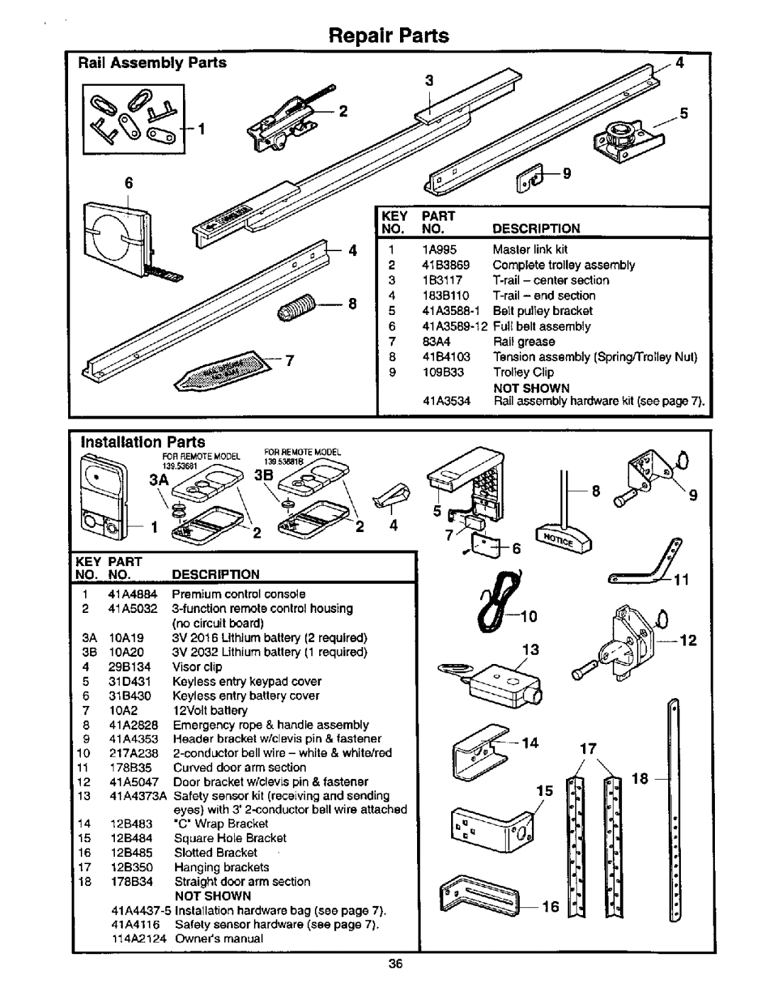 Craftsman 139.53664SRT2 owner manual Repair Parts, Rail Assembly Parts, Installation Parts 