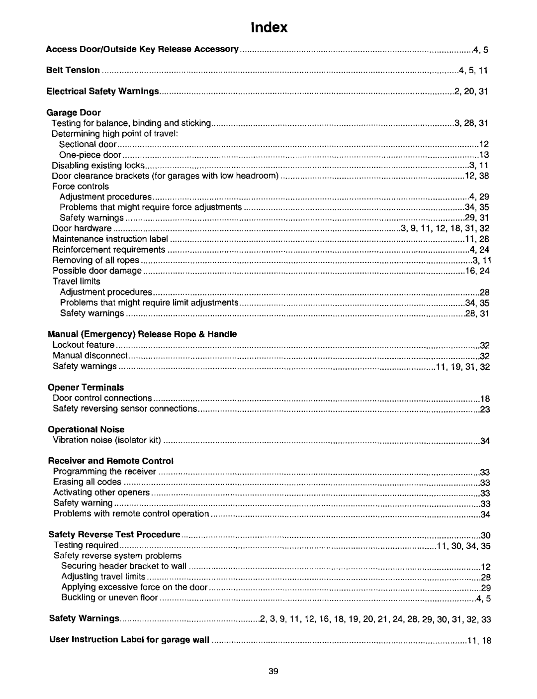 Craftsman 139.53664SRT2 owner manual Index 