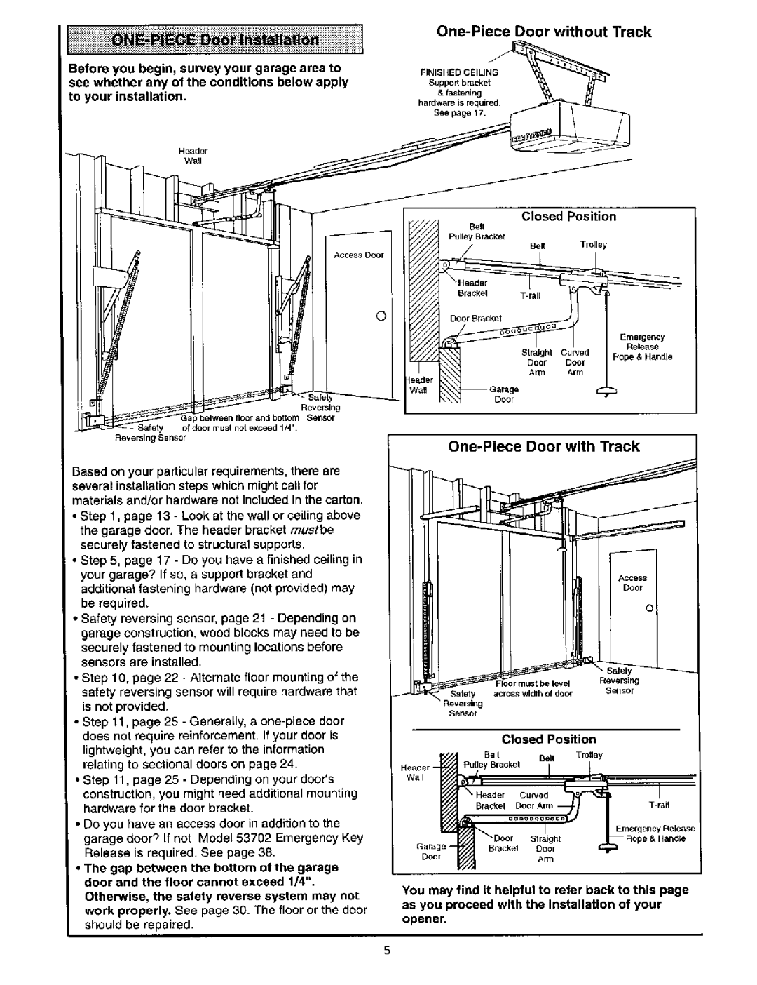 Craftsman 139.53664SRT2 owner manual One-P ece Door without Track, One-Piece Door with Track, Hardw&faSlsenlguired 