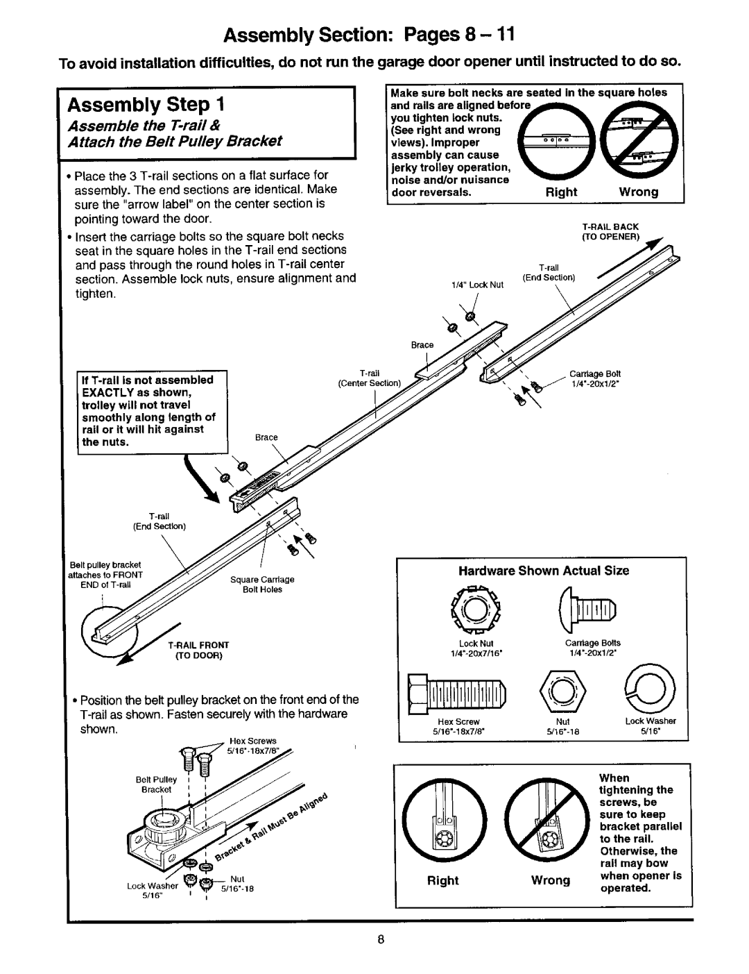 Craftsman 139.53664SRT2 Assembly Section Pages 8, Assembly Step, Assemble the T-rail Attach the Belt Pulley Bracket 