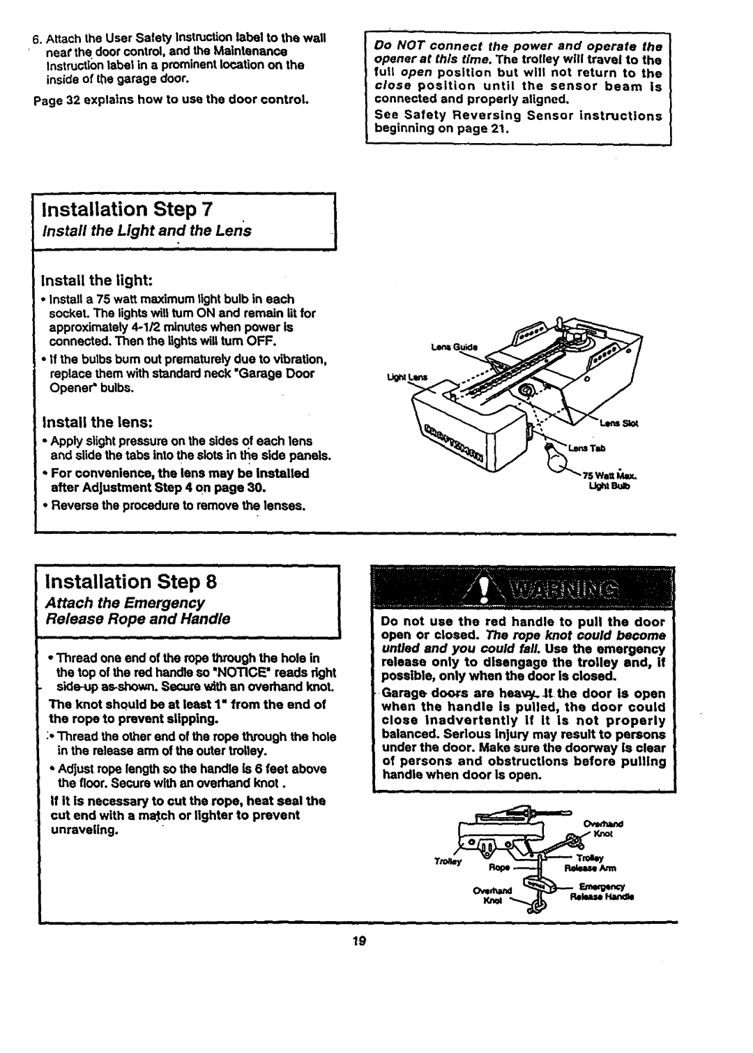 Craftsman 139.53661SRT1 owner manual Install the lens, Install the Light and the Lens, Attach Emergency Release Rope Handle 