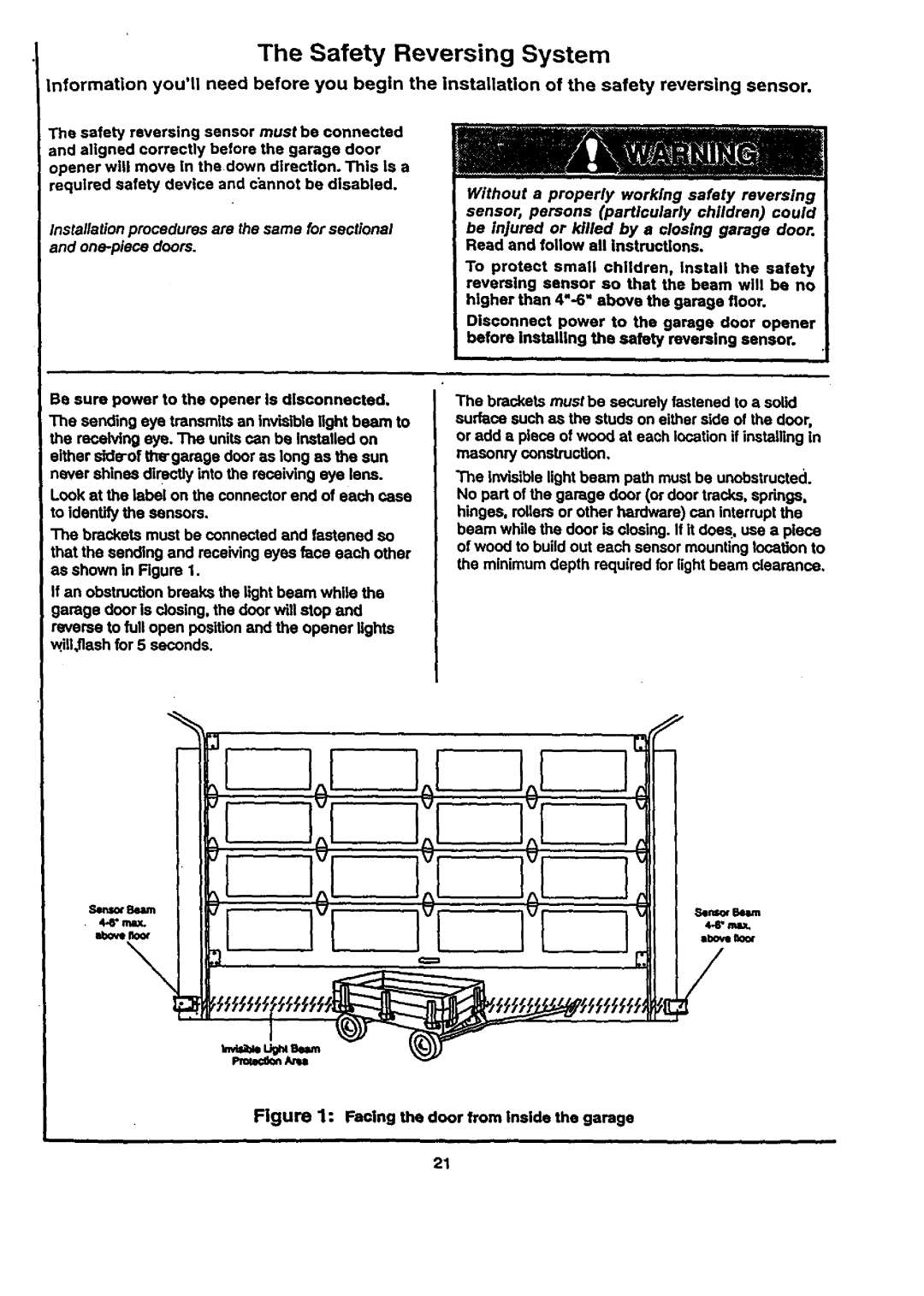 Craftsman 139.53677SRT1, 139.53671SRT1, 139.53674SRT Safety Reversing System, Facing the door from inside the garage 