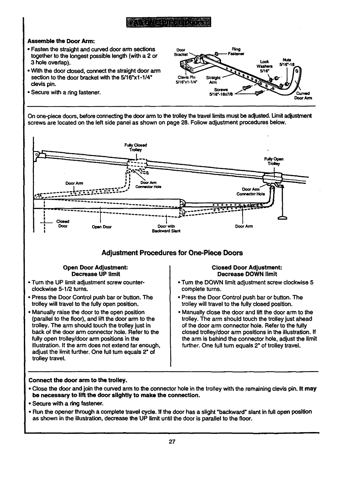 Craftsman 139.53661SRT1, 139.53671SRT1, 139.53677SRT1 AssembletheDoorArm, Adjustment Procedures for One-Piece Doors 