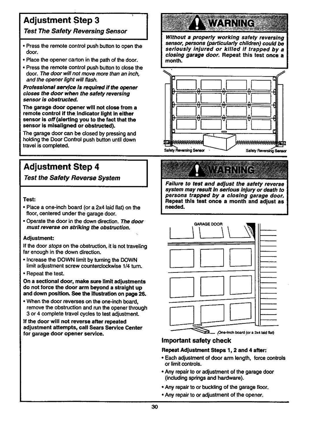 Craftsman 139.53674SRT Important safety check, Test The Safety Reversing Sensor, Test the Safety Reverse System 