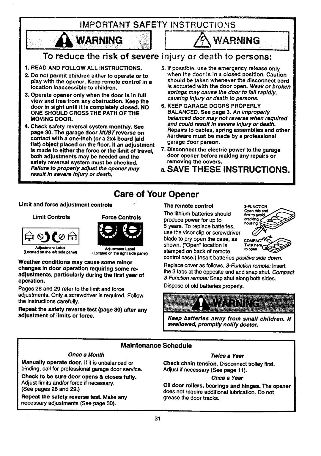 Craftsman 139.53661SRT1, 139.53671SRT1 owner manual Care of Your Opener, To reduce the risk of severe, Maintenance Schedule 