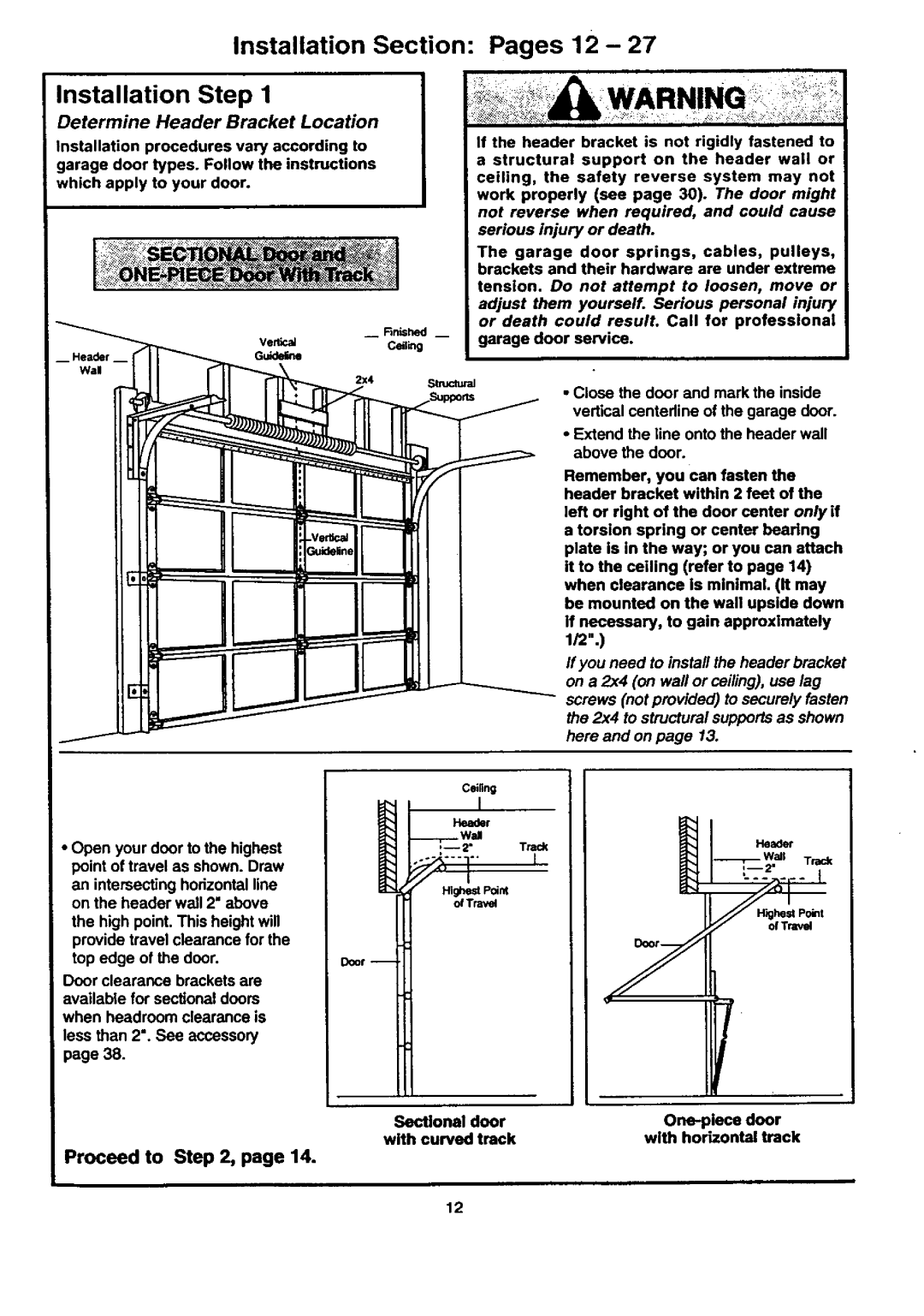 Craftsman 139.53671SRT1 Warn, Installation Section Pages 12, Installation Step, Determine Header Bracket Location, N Point 