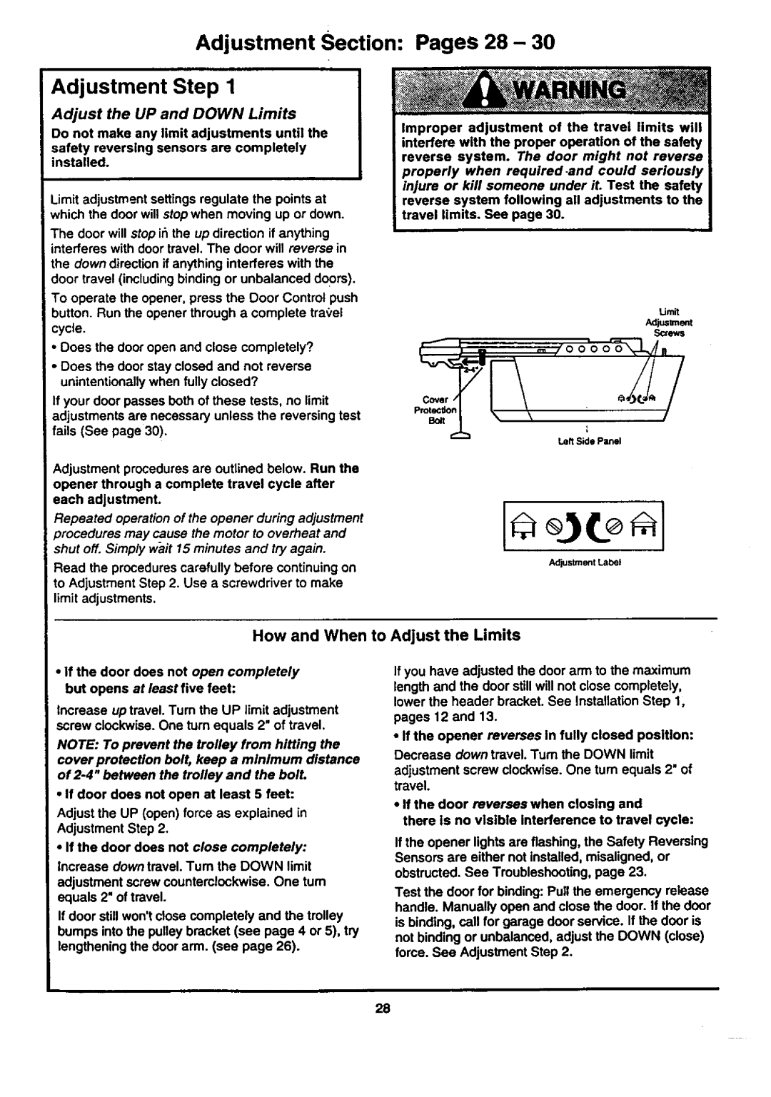 Craftsman 139.53671SRT1, 139.53677SRT1 Adjustment Section Adjustment Step, Pages 28, How and When to Adjust the Limits 