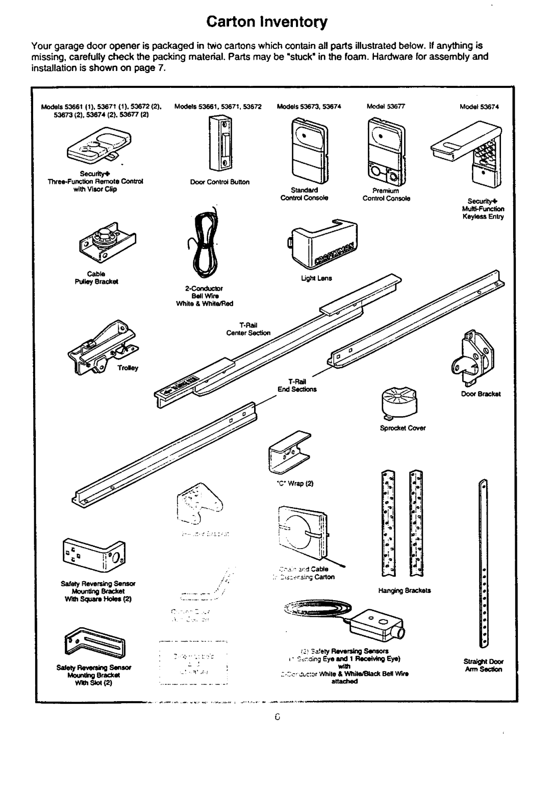 Craftsman 139.53674SRT Carton Inventory, Conductor Bell Wire White & Whie/led T.P.ail Center Section, Hanging Brackets 