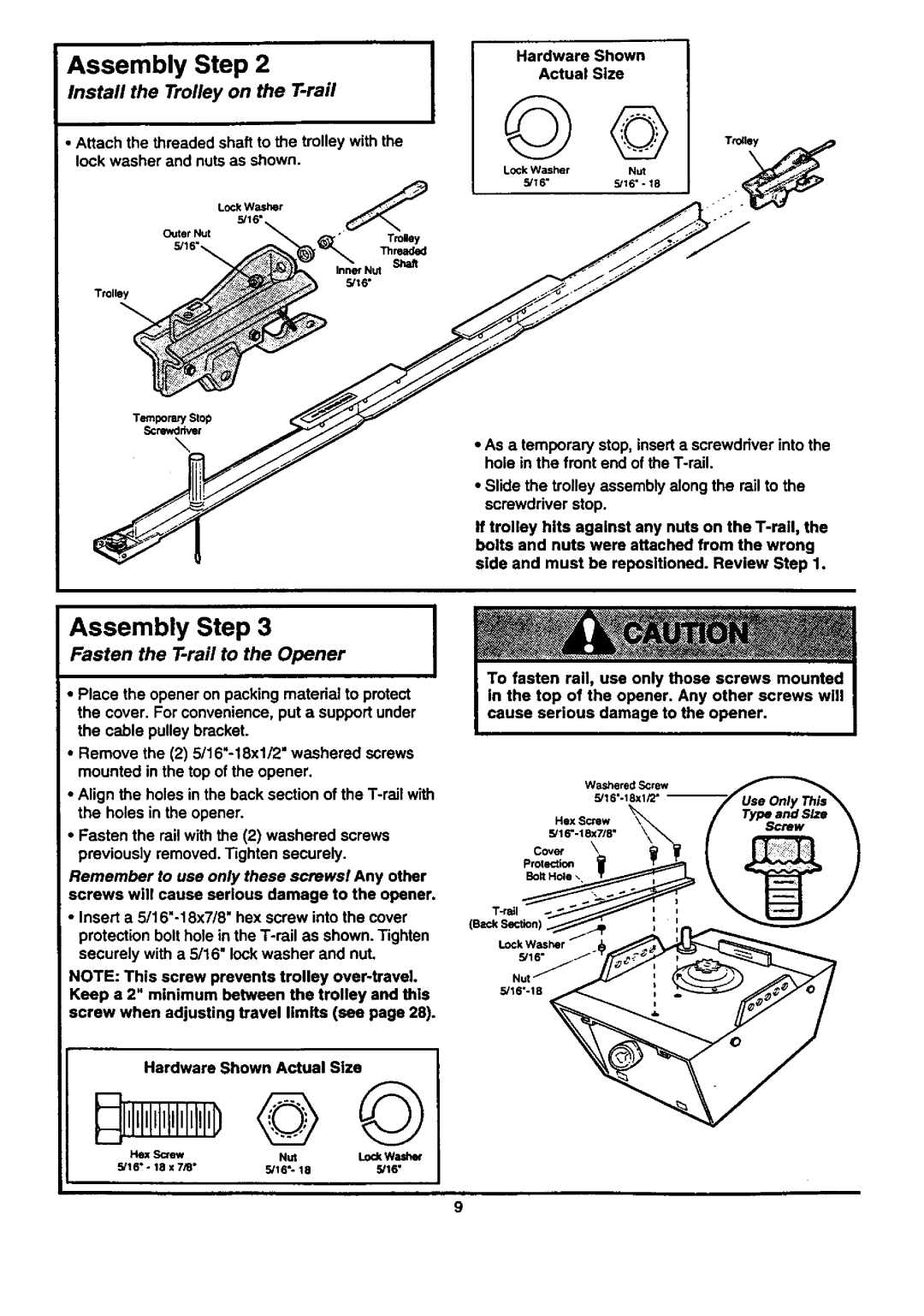 Craftsman 139.53677SRT1, 139.53671SRT1 Assembly Step, Install the Trolley on the T-rail, Fasten the T-rail to the Opener 