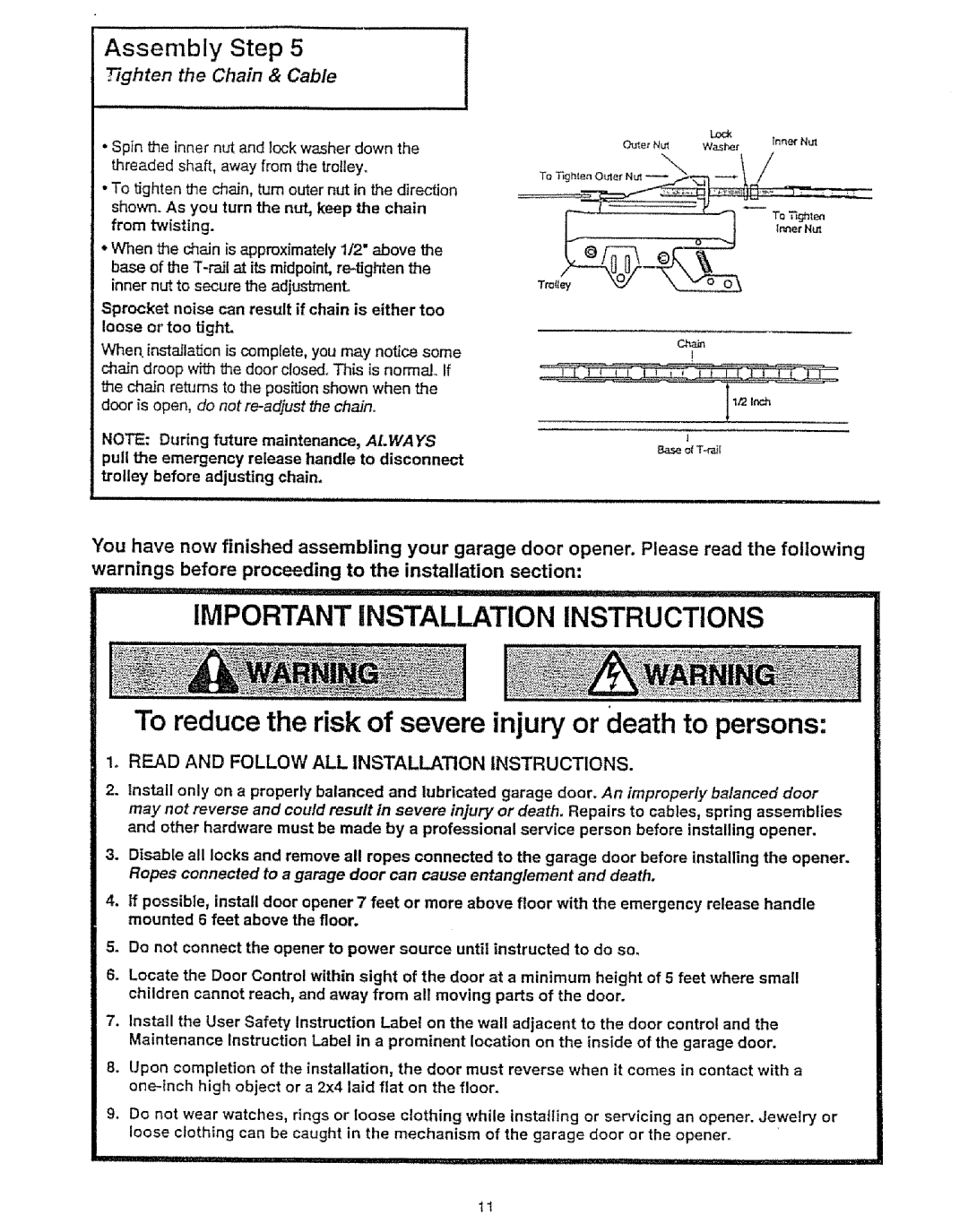 Craftsman 139.53675SRT owner manual Important Installation Instructions, Ghten the Chain & Cable 