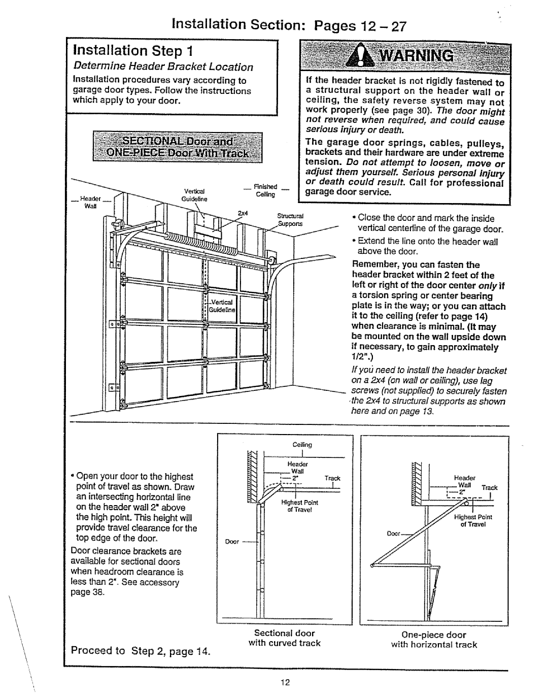 Craftsman 139.53675SRT owner manual Installation Section Pages 12 Installation Step, Determine Header Bracket Location 