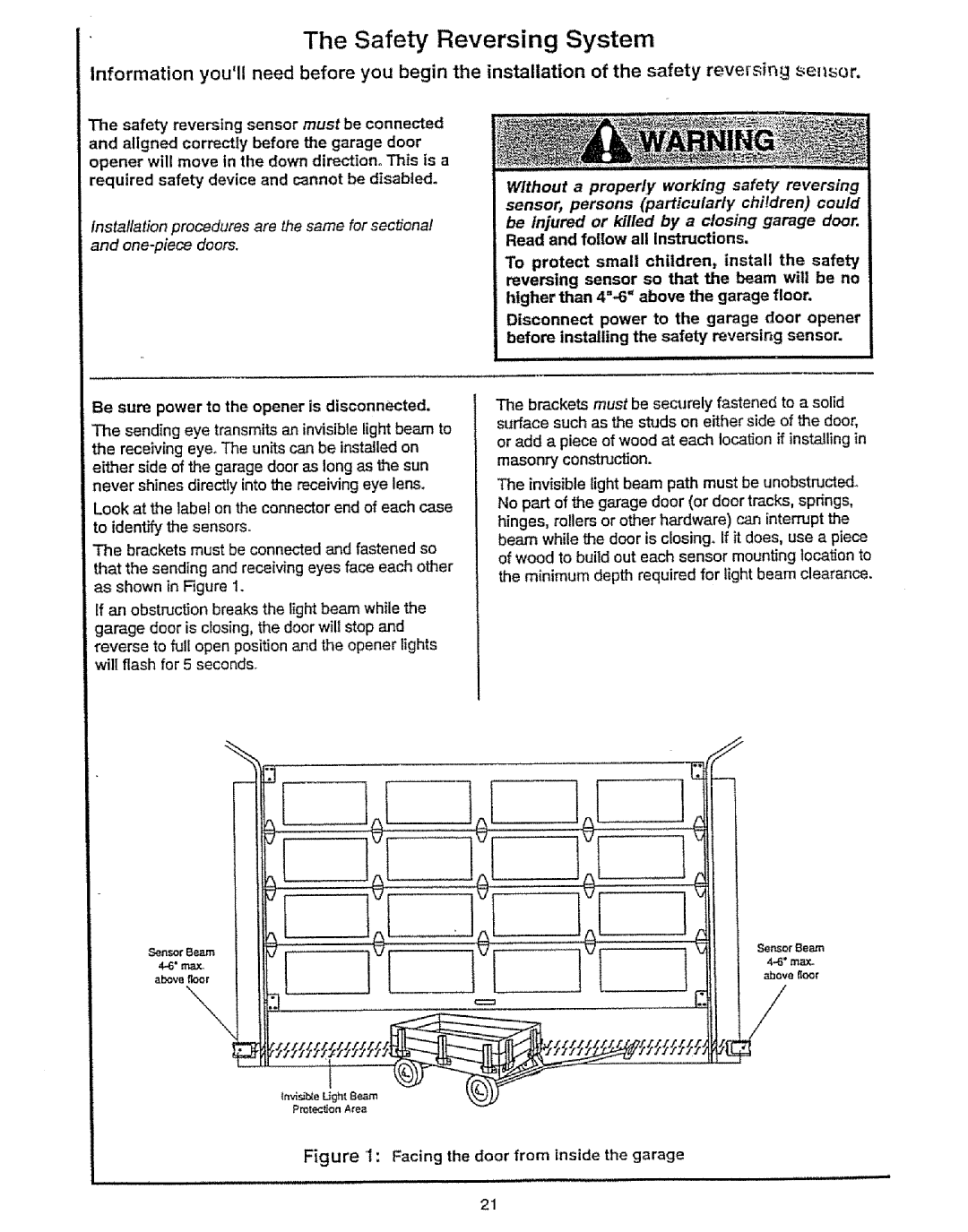 Craftsman 139.53675SRT owner manual Safety Reversing System, Be sure power to the opener is disconnected 