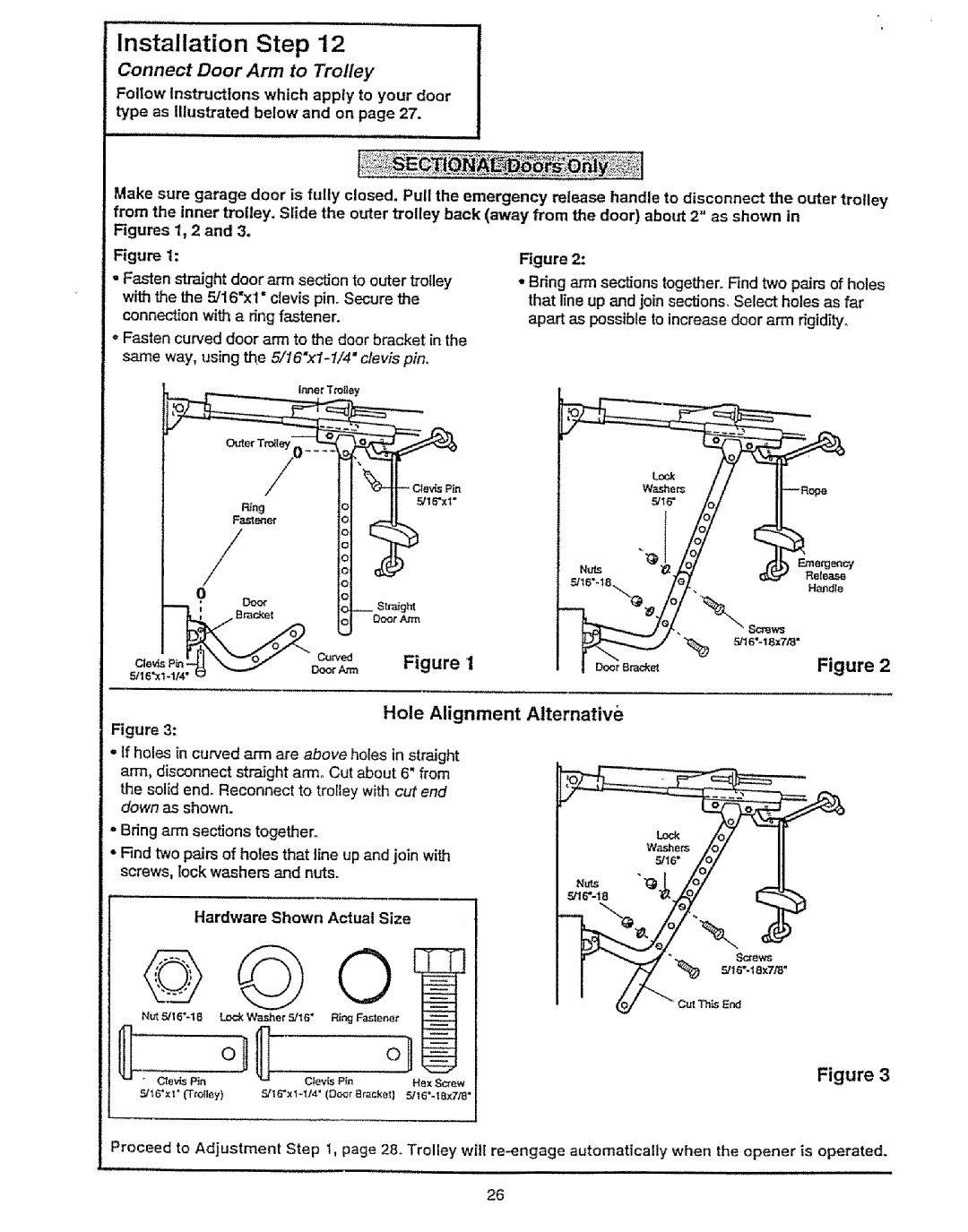 Craftsman 139.53675SRT owner manual Connect Door Arm to Trolley, Hole Alignment Alternative 