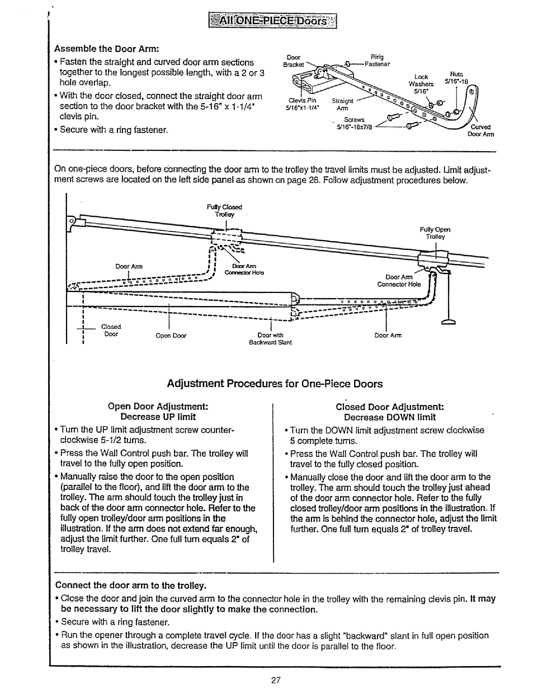 Craftsman 139.53675SRT owner manual Adjustment Procedures for One-Piece Doors, Assemble the Door Arm, Decrease UP limit 