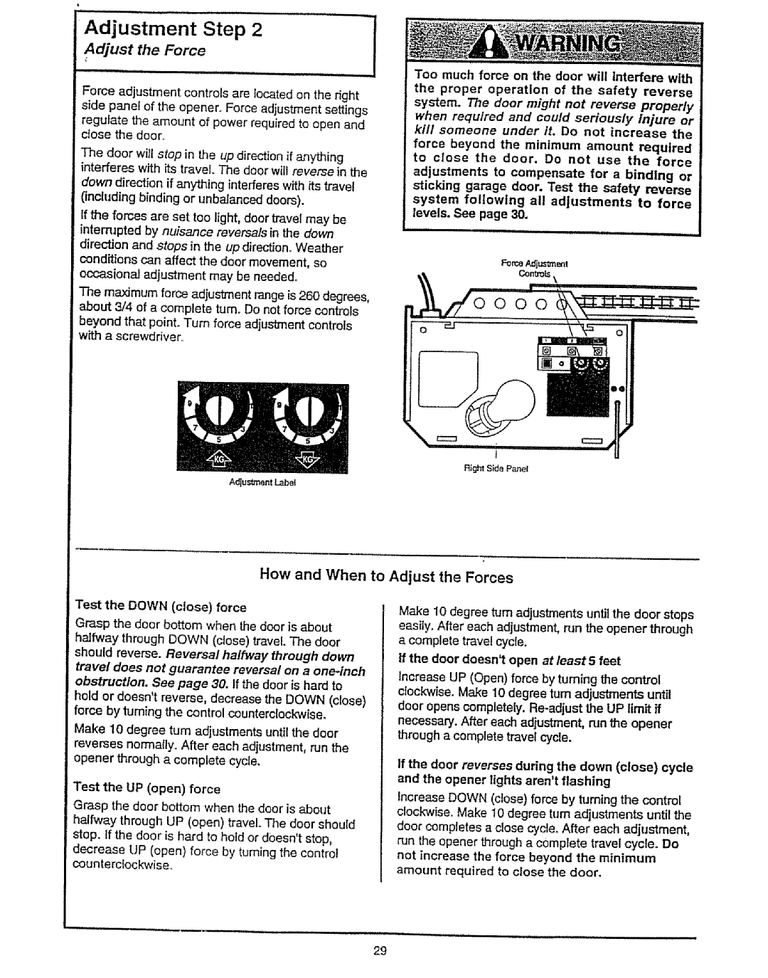 Craftsman 139.53675SRT owner manual Adjust Force, How and When to Adjust the Forces, Proper operation of the safety reverse 